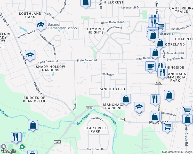 map of restaurants, bars, coffee shops, grocery stores, and more near 2117 O'Callahan Drive in Austin