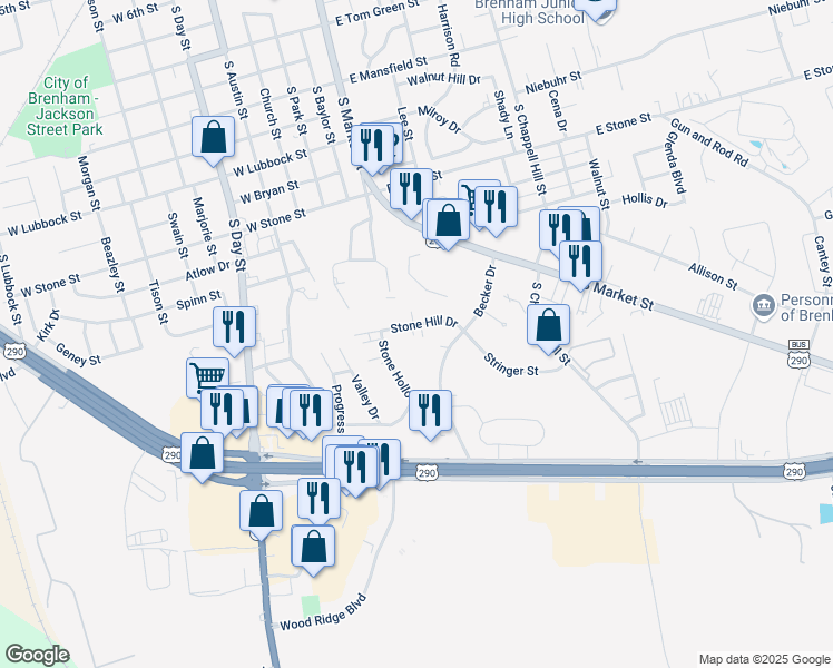 map of restaurants, bars, coffee shops, grocery stores, and more near 346 Stone Hill Drive in Brenham