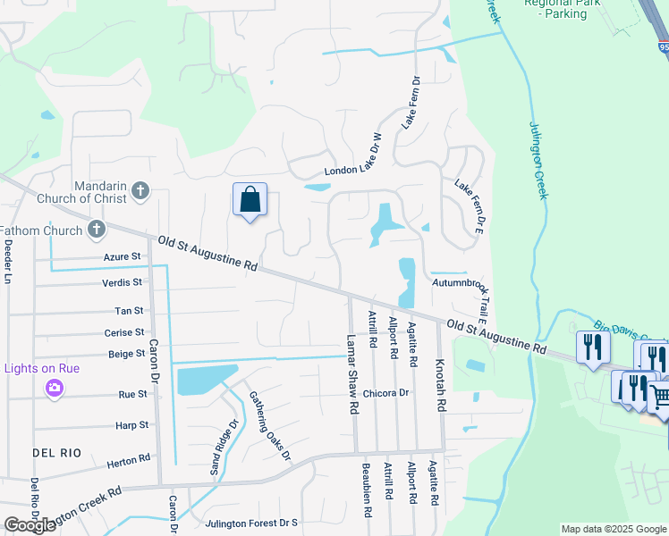 map of restaurants, bars, coffee shops, grocery stores, and more near 12412 Autumnbrook Trail West in Jacksonville