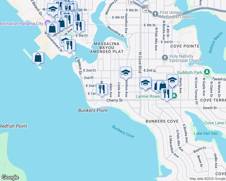 map of restaurants, bars, coffee shops, grocery stores, and more near 124 Allen Avenue in Panama City
