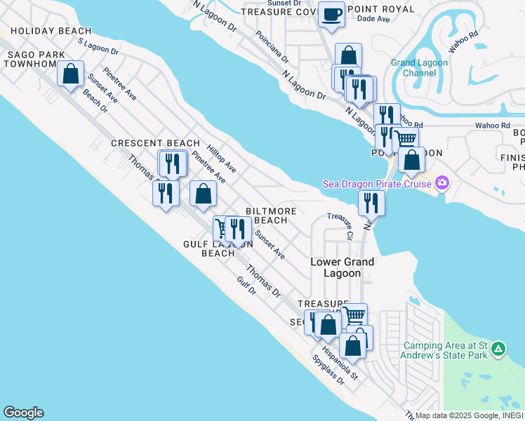 map of restaurants, bars, coffee shops, grocery stores, and more near 3803 Biltmore Drive in Panama City Beach