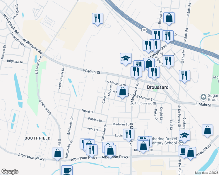 map of restaurants, bars, coffee shops, grocery stores, and more near 208 Mary Street in Broussard