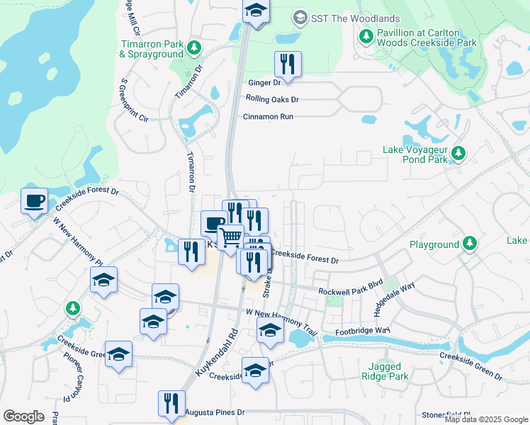map of restaurants, bars, coffee shops, grocery stores, and more near 227 Kendrick Pines Boulevard in The Woodlands