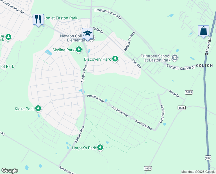 map of restaurants, bars, coffee shops, grocery stores, and more near 8479-8751 Colton-Bluff Springs Road in Austin
