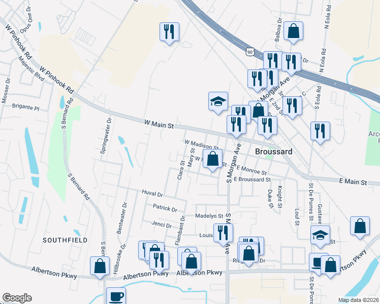 map of restaurants, bars, coffee shops, grocery stores, and more near 208 Mary Street in Broussard