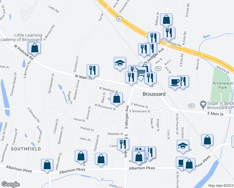 map of restaurants, bars, coffee shops, grocery stores, and more near 200 South Saint Jean Street in Broussard
