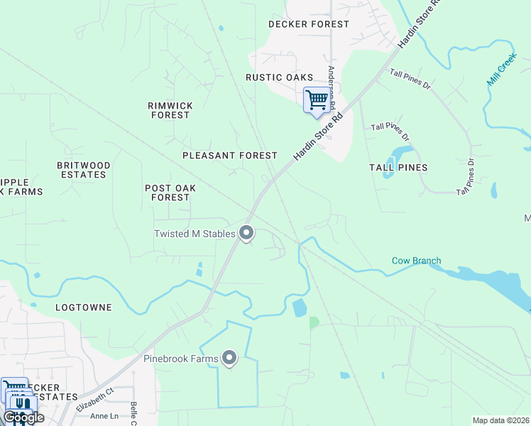 map of restaurants, bars, coffee shops, grocery stores, and more near 26002 Andy Lane in Magnolia