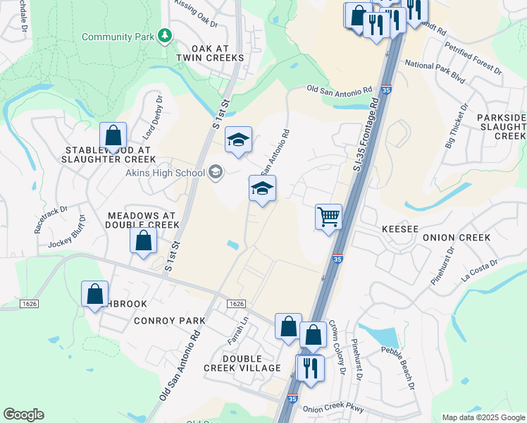 map of restaurants, bars, coffee shops, grocery stores, and more near 10801 Old San Antonio Road in Austin
