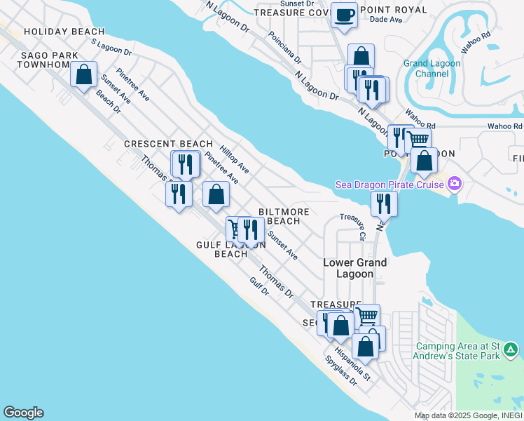 map of restaurants, bars, coffee shops, grocery stores, and more near 5605 Pinetree Avenue in Panama City Beach