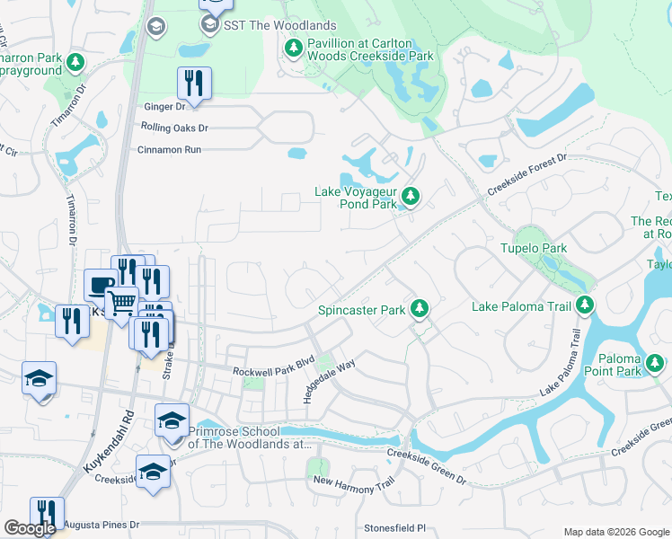 map of restaurants, bars, coffee shops, grocery stores, and more near Fury Ranch Place in Spring