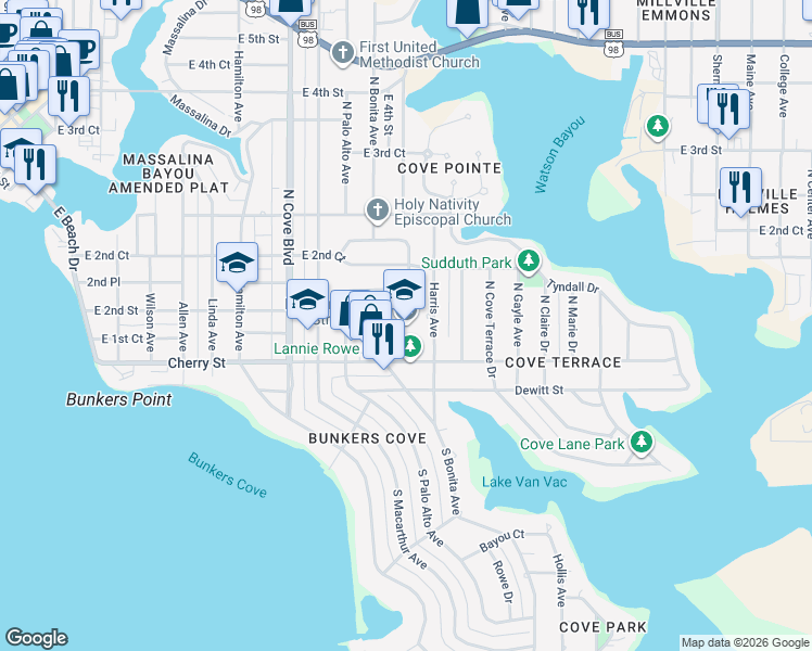 map of restaurants, bars, coffee shops, grocery stores, and more near 1125 Cherry Street in Panama City