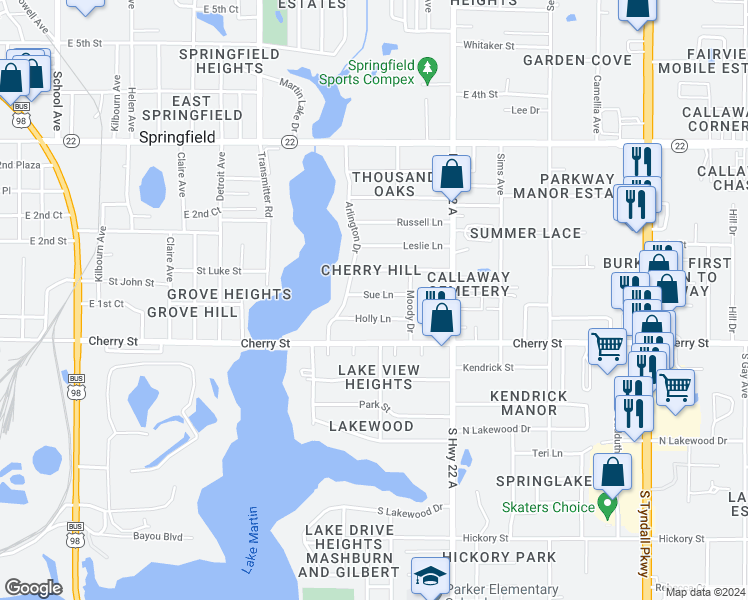 map of restaurants, bars, coffee shops, grocery stores, and more near 4112 Sue Lane in Panama City
