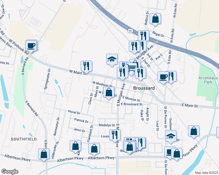 map of restaurants, bars, coffee shops, grocery stores, and more near 206 North Saint Jean Street in Broussard