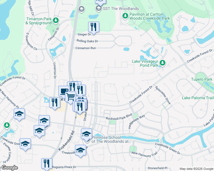 map of restaurants, bars, coffee shops, grocery stores, and more near 2 Meadow Owl Place in Spring
