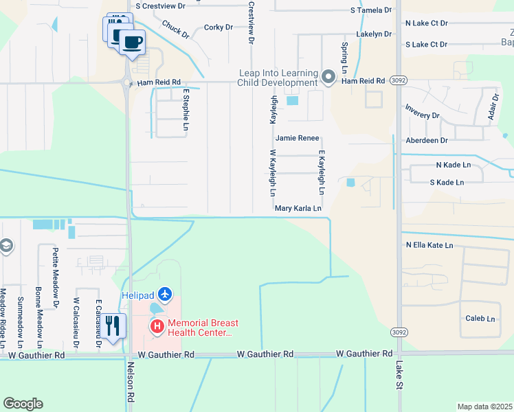 map of restaurants, bars, coffee shops, grocery stores, and more near 6039 Nobie Lane in Lake Charles