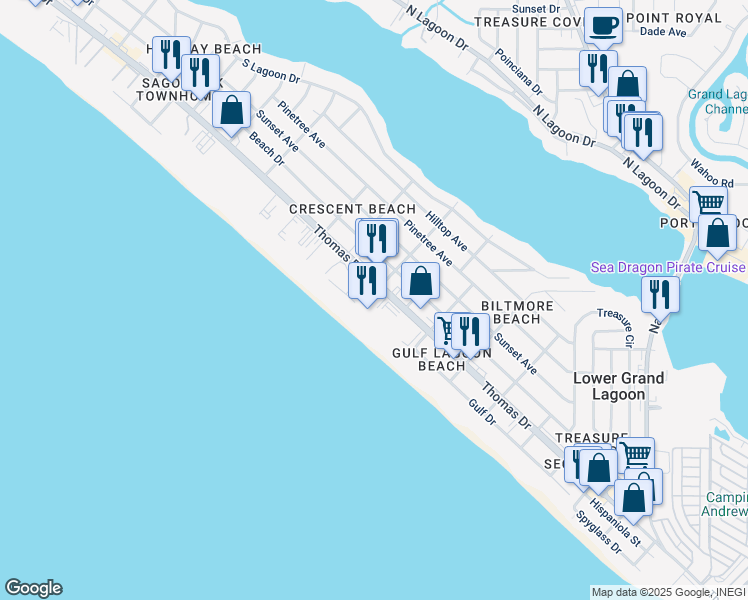 map of restaurants, bars, coffee shops, grocery stores, and more near 5801 Thomas Drive in Panama City Beach