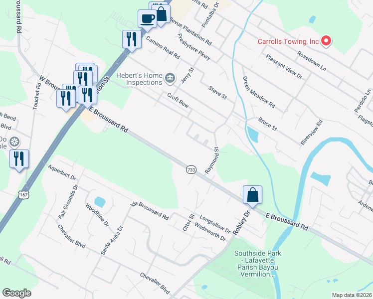 map of restaurants, bars, coffee shops, grocery stores, and more near 345 E Broussard Rd in Lafayette