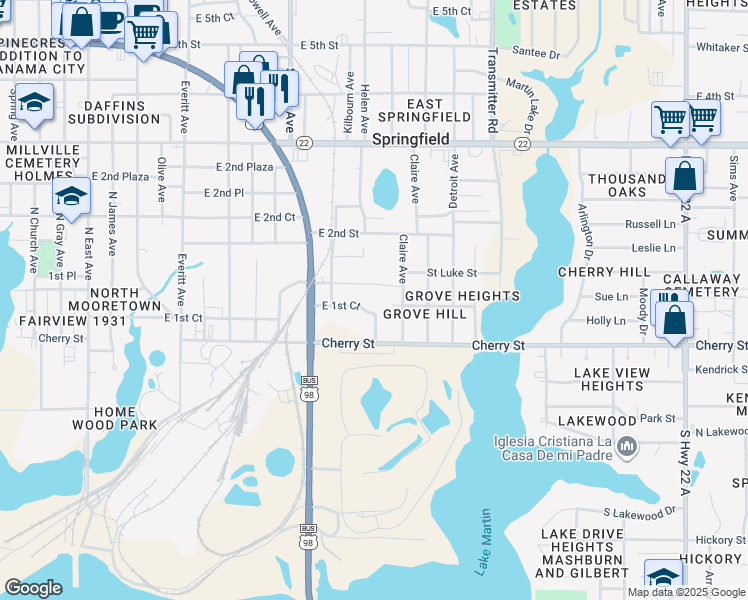 map of restaurants, bars, coffee shops, grocery stores, and more near 100 Henderson Avenue in Panama City