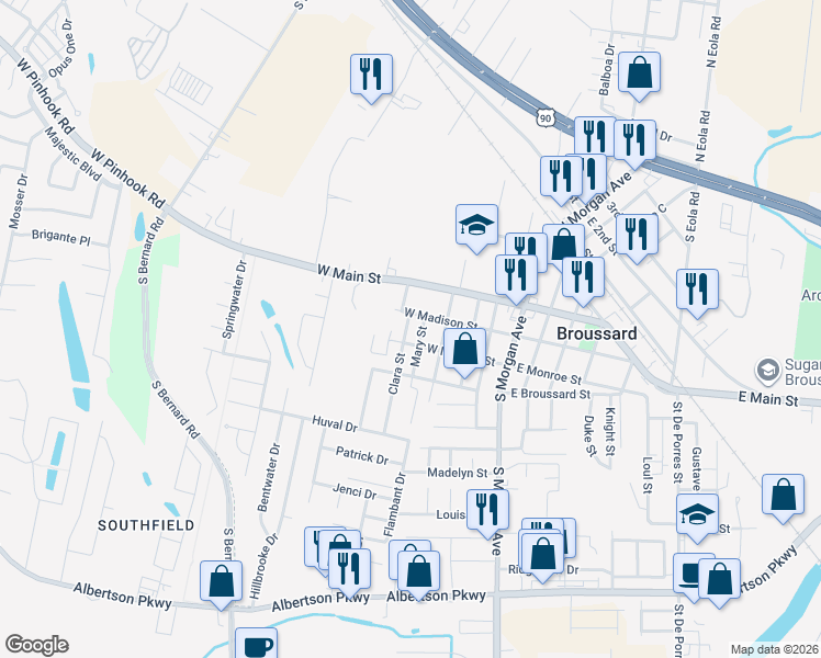 map of restaurants, bars, coffee shops, grocery stores, and more near 211 Mary Street in Broussard