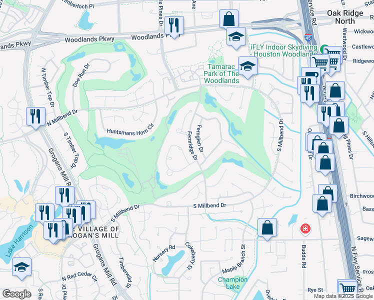 map of restaurants, bars, coffee shops, grocery stores, and more near 78 North Royal Fern Drive in Spring