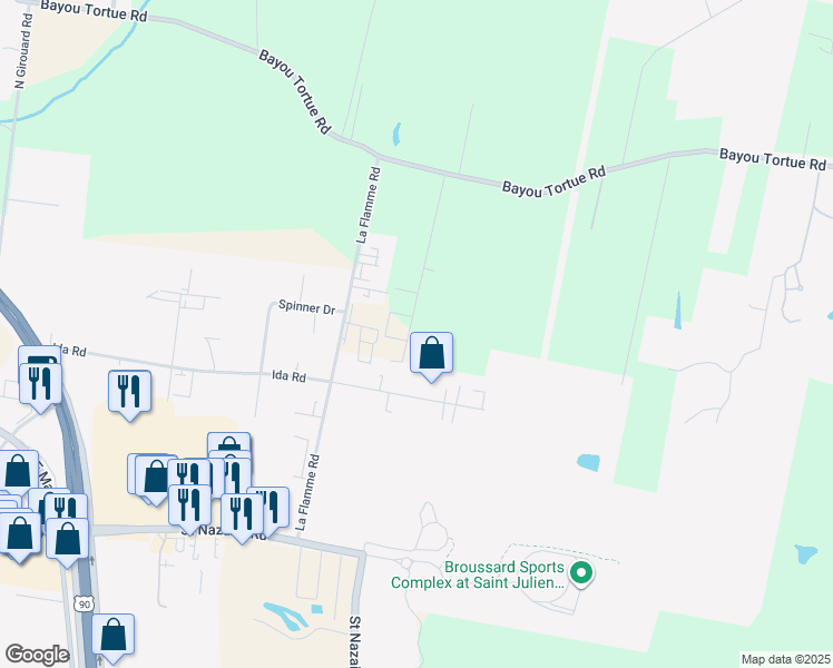map of restaurants, bars, coffee shops, grocery stores, and more near 119 Lafferty Drive in Broussard