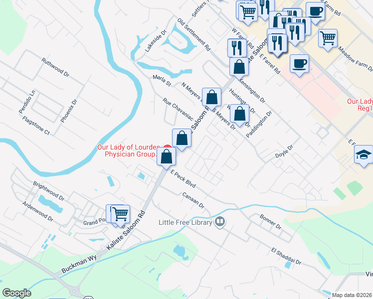 map of restaurants, bars, coffee shops, grocery stores, and more near 3203 Kaliste Saloom Road in Lafayette