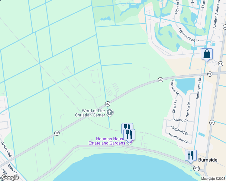 map of restaurants, bars, coffee shops, grocery stores, and more near 40066 Louisiana 22 in Gonzales