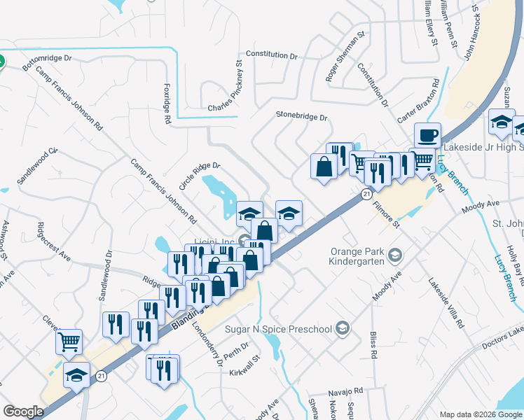 map of restaurants, bars, coffee shops, grocery stores, and more near 2916 Circle Ridge Drive in Orange Park