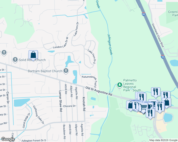 map of restaurants, bars, coffee shops, grocery stores, and more near 12451 Autumnbrook Trail North in Jacksonville