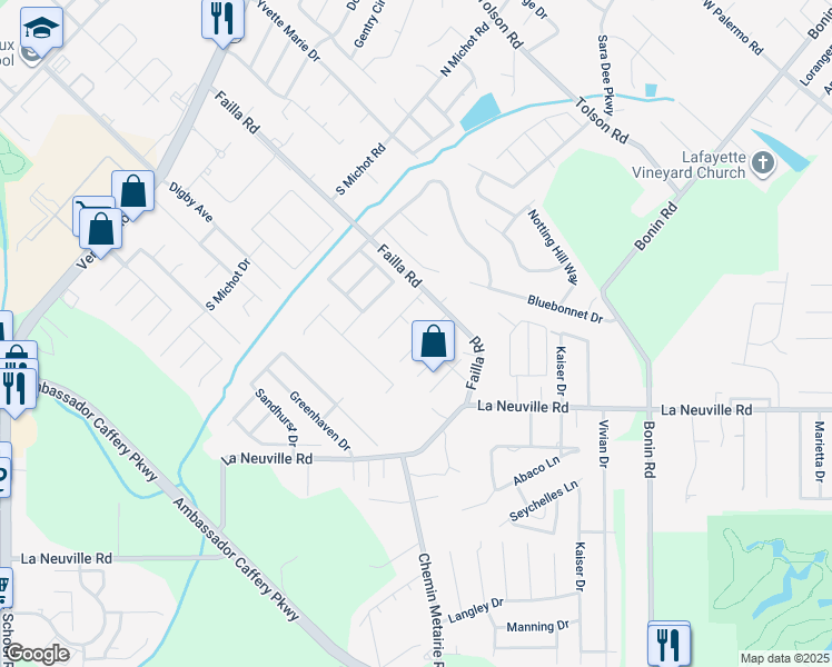 map of restaurants, bars, coffee shops, grocery stores, and more near 124 Sandest Drive in Lafayette