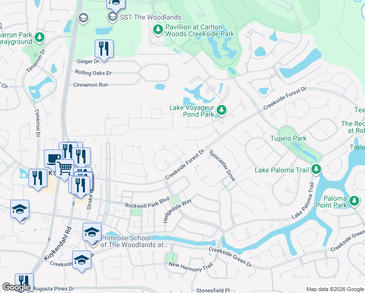 map of restaurants, bars, coffee shops, grocery stores, and more near 27 Fury Ranch Place in Spring