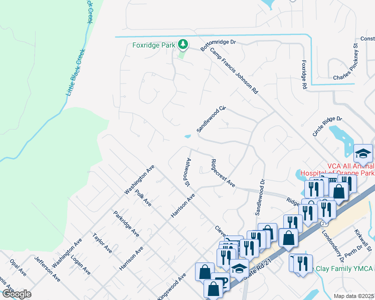 map of restaurants, bars, coffee shops, grocery stores, and more near 752 Ashwood Street in Orange Park