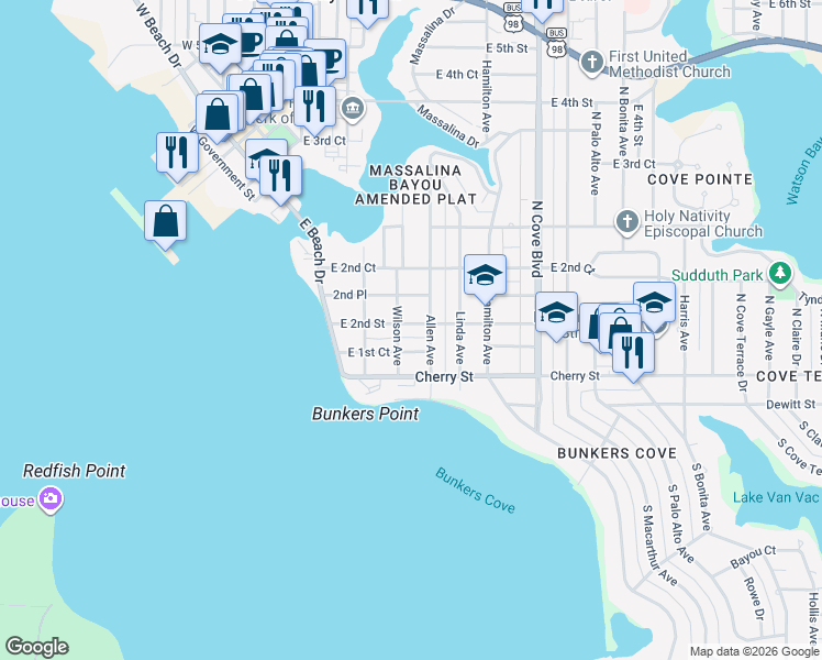 map of restaurants, bars, coffee shops, grocery stores, and more near 227 East 1st Court in Panama City