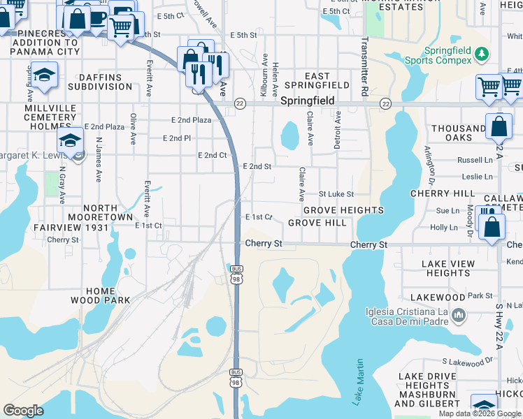 map of restaurants, bars, coffee shops, grocery stores, and more near 3517 East 1st Court in Panama City