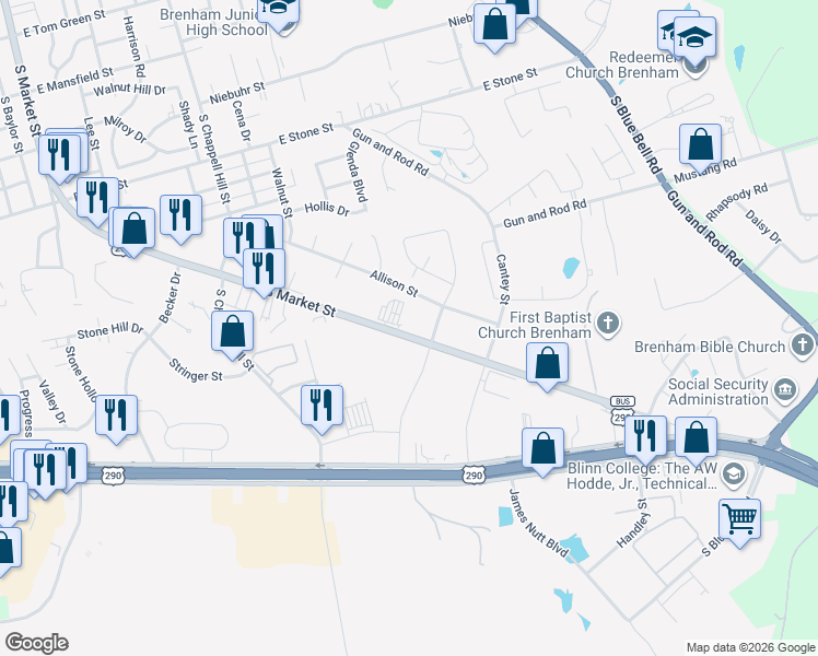 map of restaurants, bars, coffee shops, grocery stores, and more near 2511 South Market Street in Brenham