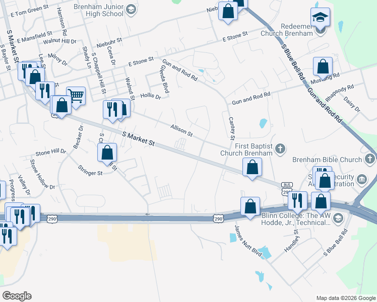 map of restaurants, bars, coffee shops, grocery stores, and more near 2511 South Market Street in Brenham