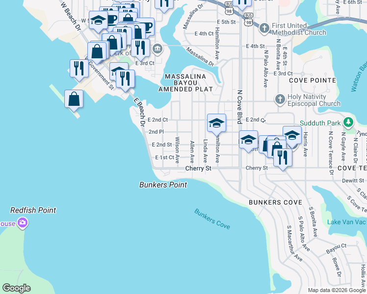 map of restaurants, bars, coffee shops, grocery stores, and more near 227 East 1st Court in Panama City