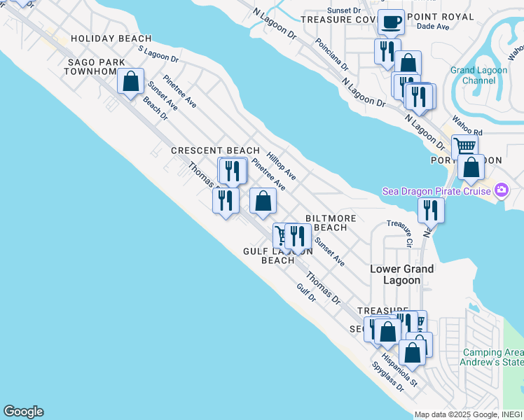 map of restaurants, bars, coffee shops, grocery stores, and more near 5724 Thomas Drive in Panama City Beach