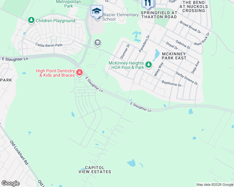 map of restaurants, bars, coffee shops, grocery stores, and more near 3520 1/2 East Slaughter Lane in Austin