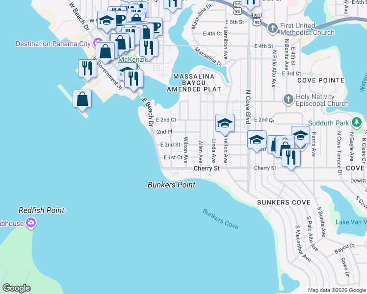 map of restaurants, bars, coffee shops, grocery stores, and more near 232 East 2nd Street in Panama City