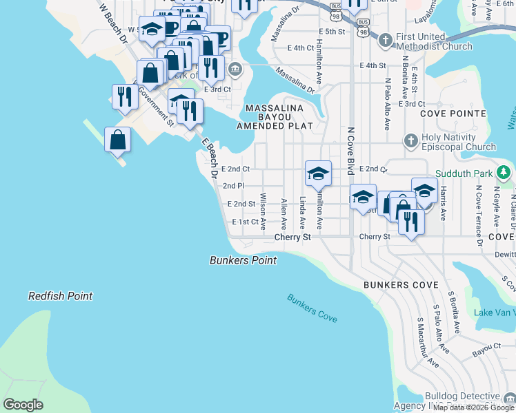 map of restaurants, bars, coffee shops, grocery stores, and more near 222 East 2nd Street in Panama City