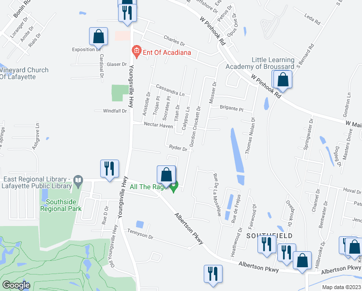 map of restaurants, bars, coffee shops, grocery stores, and more near 222 Ryder Drive in Lafayette