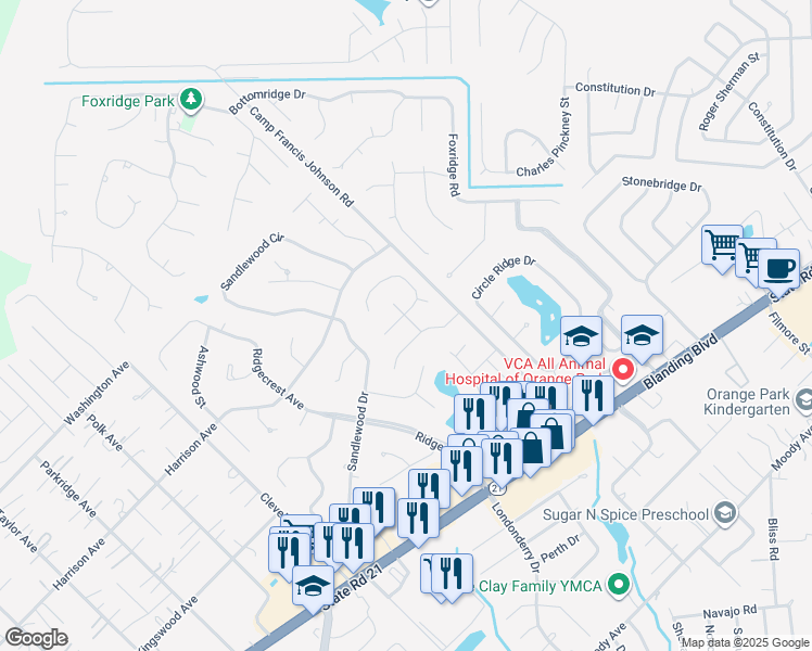 map of restaurants, bars, coffee shops, grocery stores, and more near 2405 Balsamwood Court in Orange Park