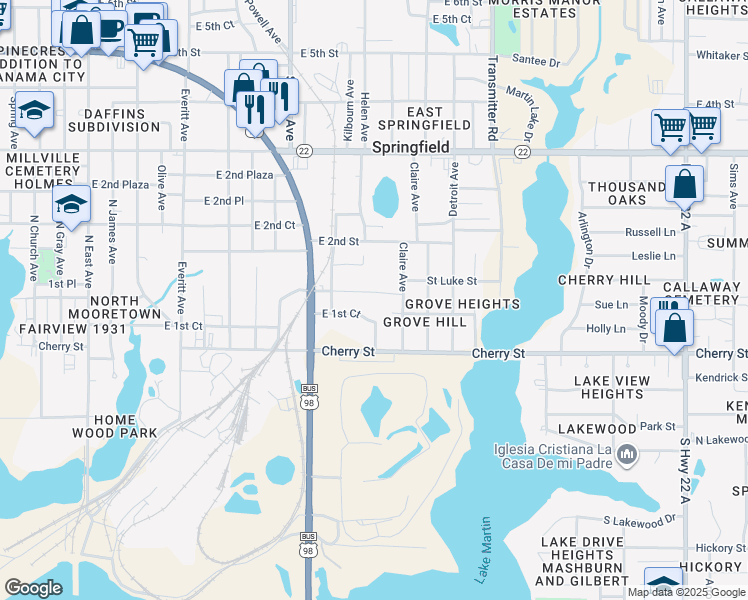 map of restaurants, bars, coffee shops, grocery stores, and more near 100 Henderson Avenue in Panama City