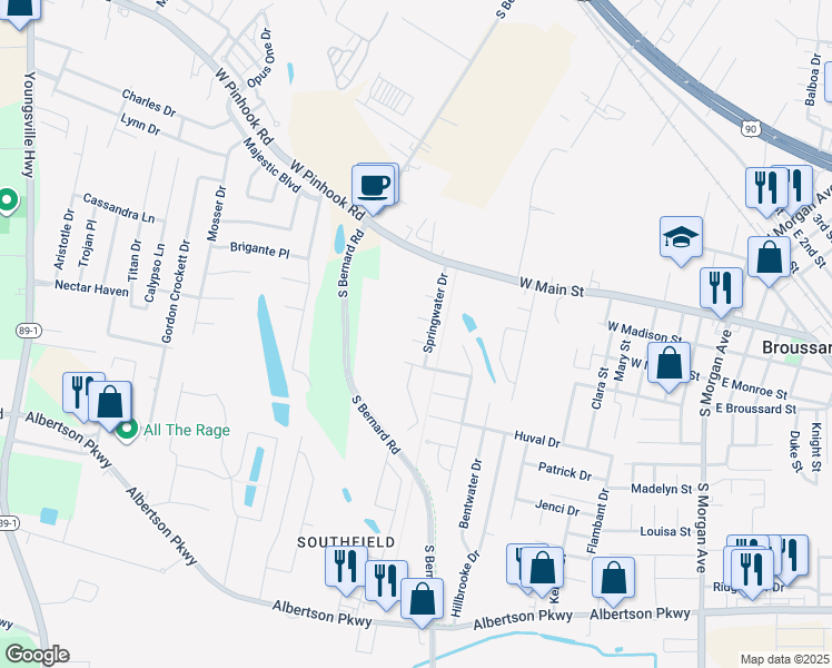 map of restaurants, bars, coffee shops, grocery stores, and more near 104 Clearwater Drive in Broussard