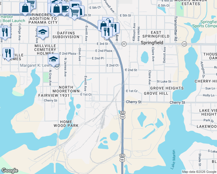 map of restaurants, bars, coffee shops, grocery stores, and more near 111-121 Wabash Avenue in Panama City