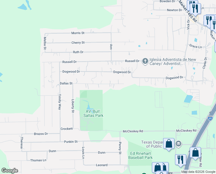 map of restaurants, bars, coffee shops, grocery stores, and more near 21782 Dallas Street in New Caney