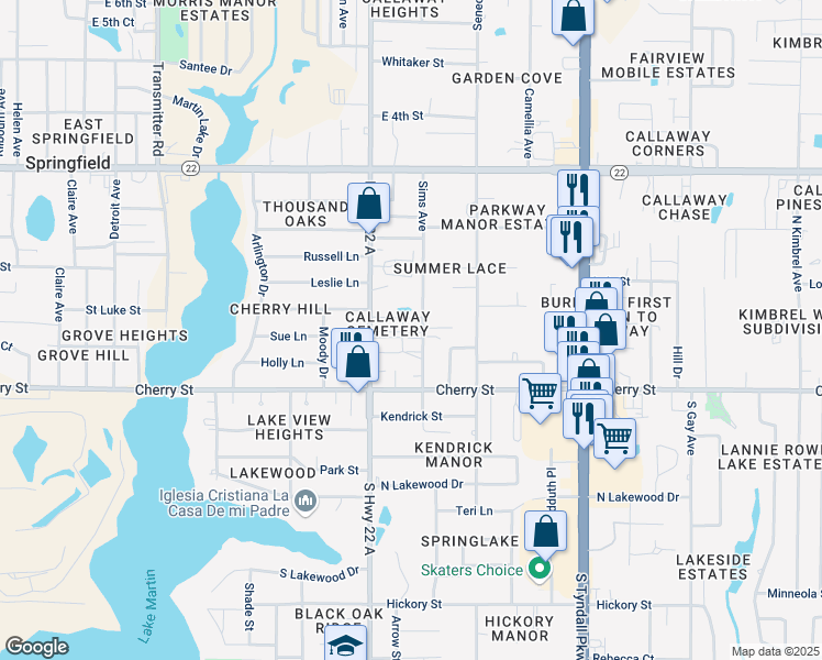 map of restaurants, bars, coffee shops, grocery stores, and more near 119e Sims Avenue in Callaway