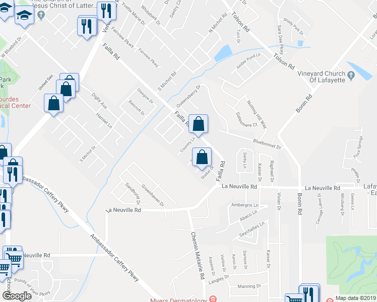 map of restaurants, bars, coffee shops, grocery stores, and more near 140 Sandest Drive in Lafayette