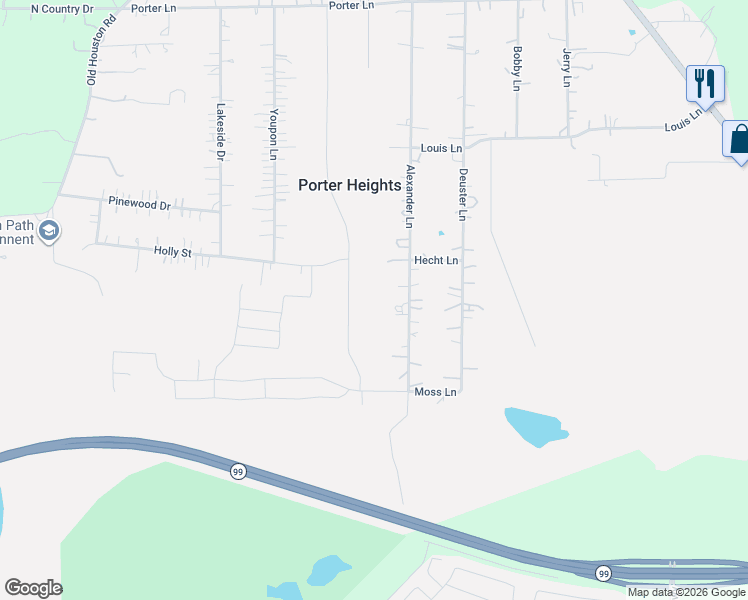 map of restaurants, bars, coffee shops, grocery stores, and more near 20918 Alexander Lane in Porter